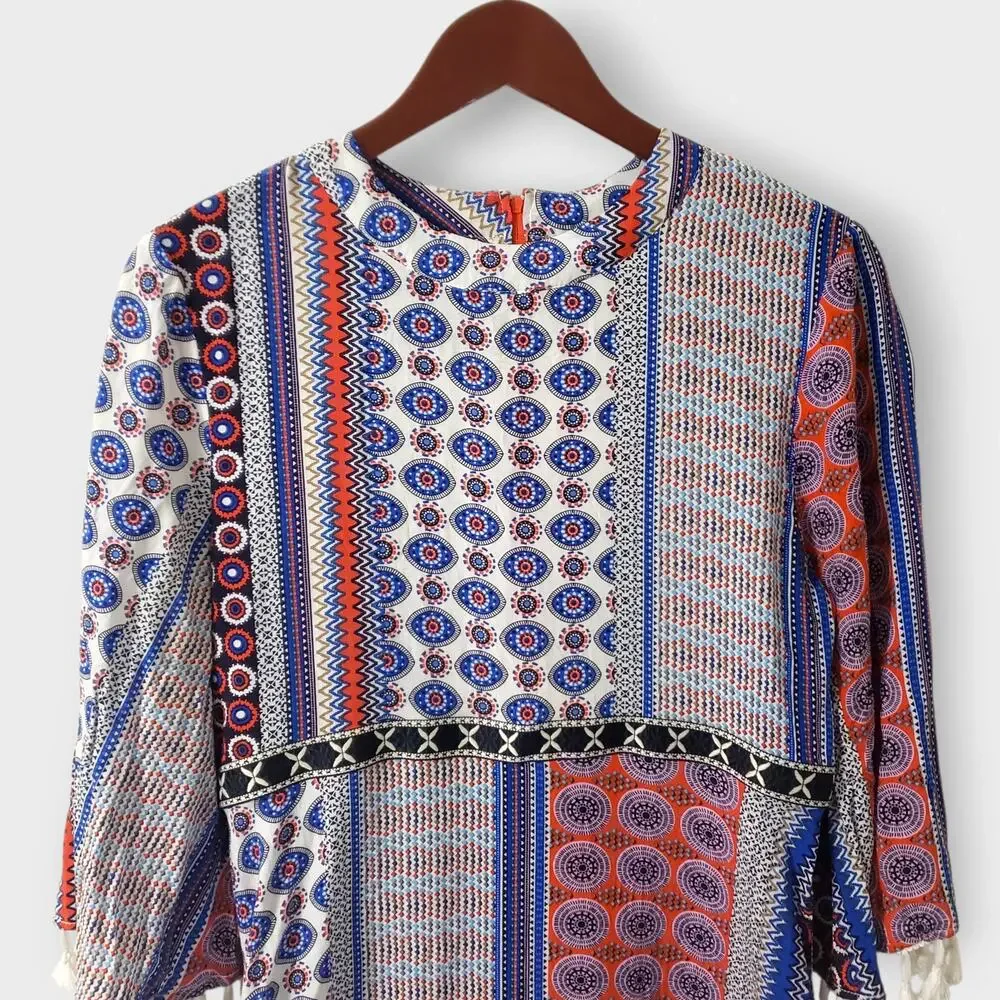 Valija Medallion Print‎ Patchwork Flare Sleeve Mini Dress Medium Multicolor Boho